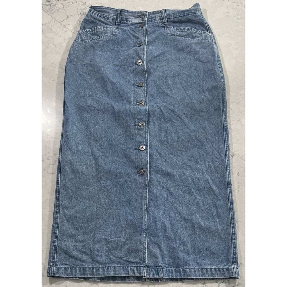 VTG 90s Christopher & Banks Maxi Skirt Womens 10 Blue Denim Jean Button Front